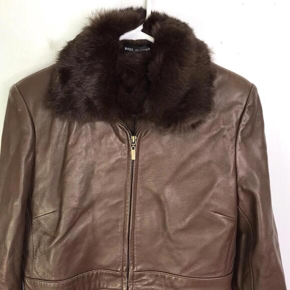Marvin Richards Coat Womens XS Leather Rabbit Fur Lined Collar Chocolate Luxury - Picture 3 of 11